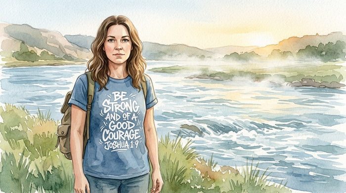 Watercolor of a woman standing on a misty riverbank at dawn wearing a blue tee printed with Be Strong and of a Good Courage Joshua 1:9 in white bubble letters