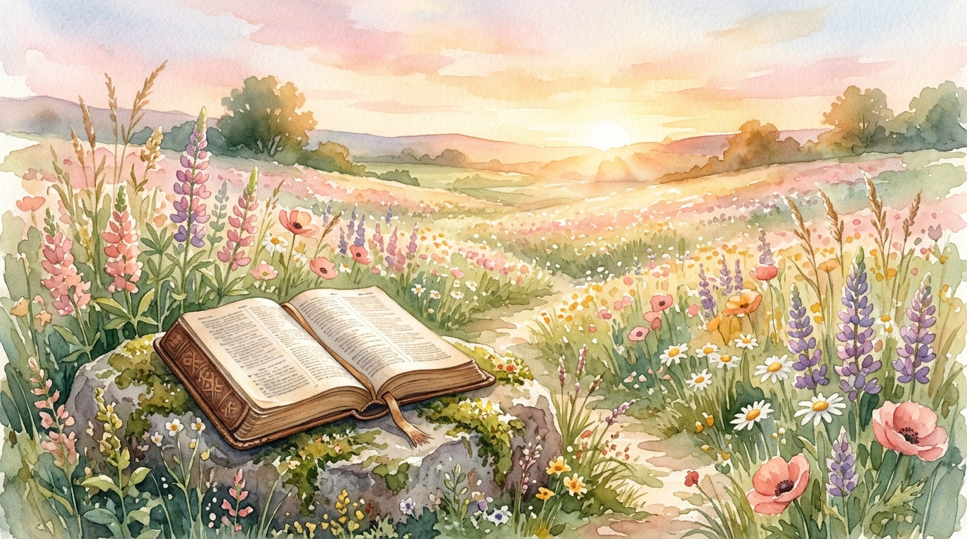 Wildflower meadow with open Bible at sunrise, watercolor illustration for Consider the Wildflowers Luke 12:27