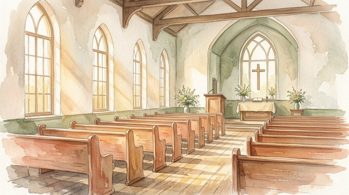 Watercolor of an empty church sanctuary with wooden pews and morning light through arched windows