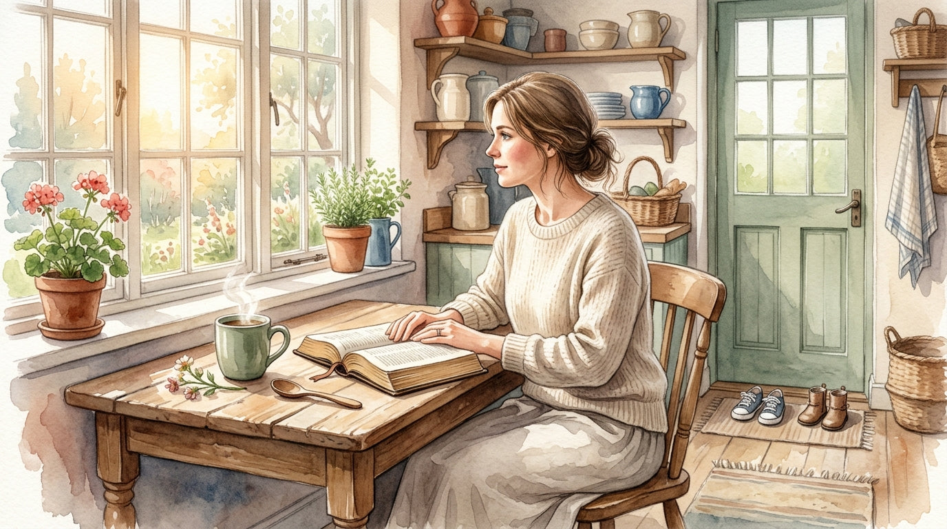 Watercolor illustration of a mother reading her Bible in a sunlit kitchen at dawn