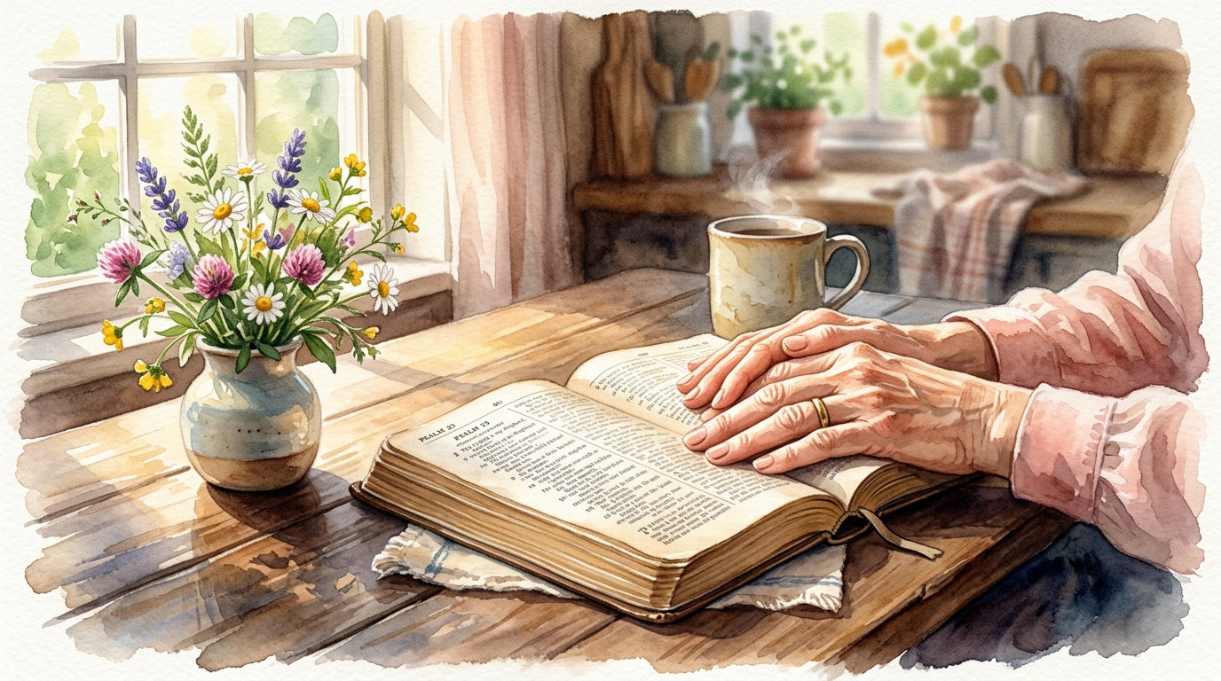 Watercolor illustration of mother and child hands together over an open Bible, faith-inspired Mother Day scene, soft morning light
