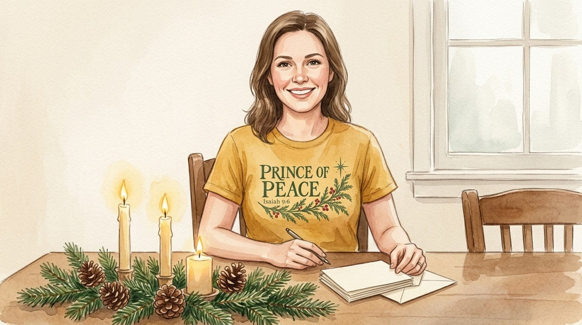Watercolor of a woman writing Christmas cards by candlelight at a table with a fir garland, wearing a Prince of Peace Isaiah 9:6 tee