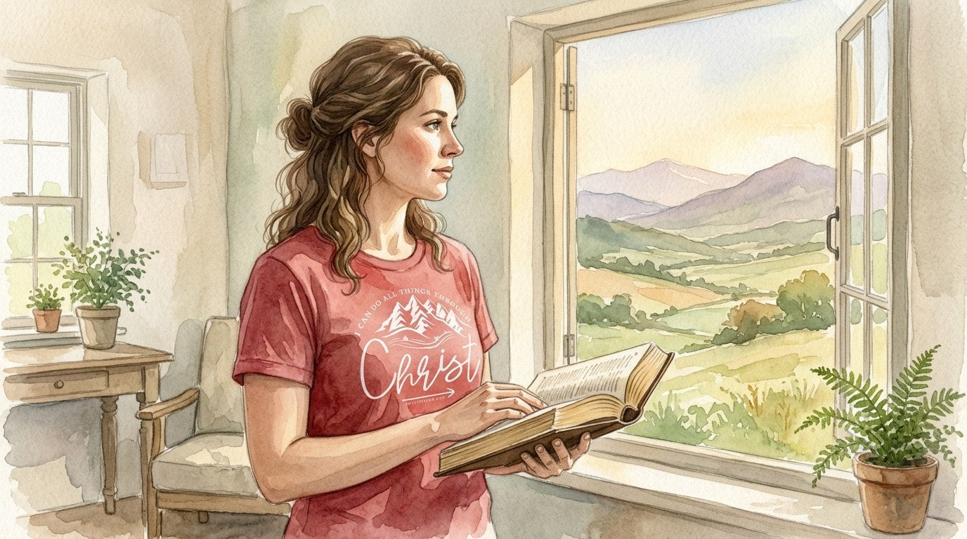 Woman at a farmhouse window holding a Bible, wearing the crimson I Can Do All Things Through Christ Philippians 4:13 tee