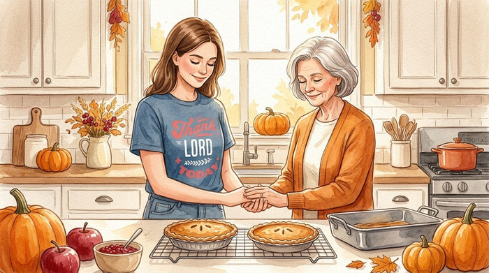 Watercolor of a woman and her mother holding hands in a short prayer in a kitchen with two pies, the daughter wearing a Thank the Lord Today tee