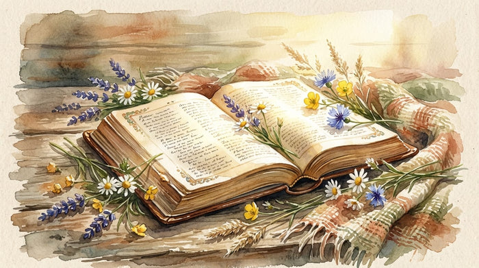Open Bible with soft golden light and wildflowers, verses about strength for women