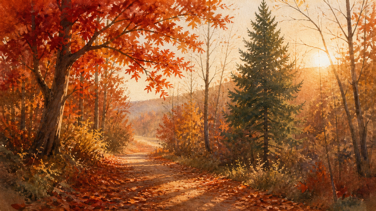 Watercolour painting of a narrow path through autumn woodland, with deep red and burnt orange maples, one dark green pine and a thick drift of fallen leaves in low golden afternoon light