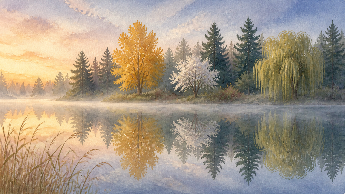 Watercolour painting of a still river at sunrise with pines, a golden autumn tree, a white blossom tree and a willow along the far bank, all mirrored in the glassy water