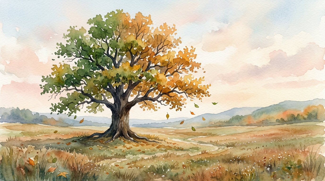 Watercolor of an oak tree half green half gold at the turn of seasons