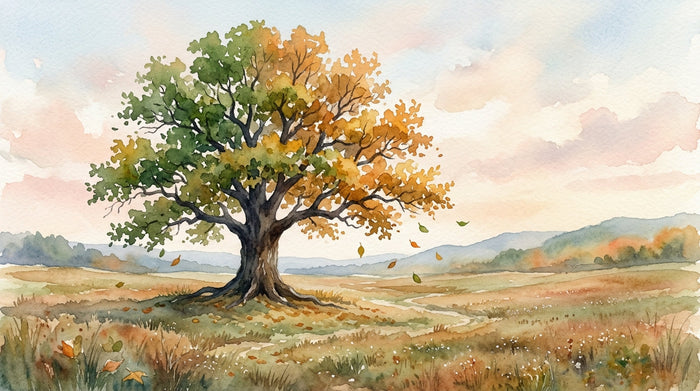 Watercolor of an oak tree half green half gold at the turn of seasons