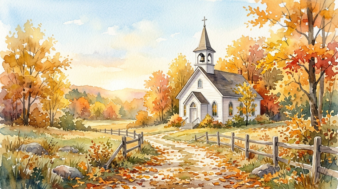 Watercolor of a white country church among golden autumn trees on a fall Sunday