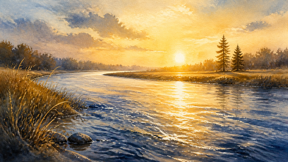 Watercolour painting of a wide river bending into the distance at sunrise, with golden light spilling across the moving water and pines silhouetted on the far bank