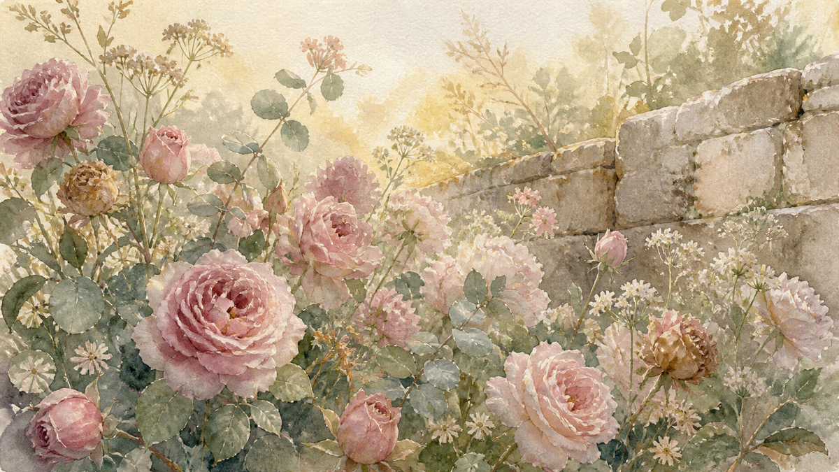 Watercolour painting of a cottage garden of blush and dusty pink roses with cream wildflowers and eucalyptus growing against a weathered stone wall in hazy morning light
