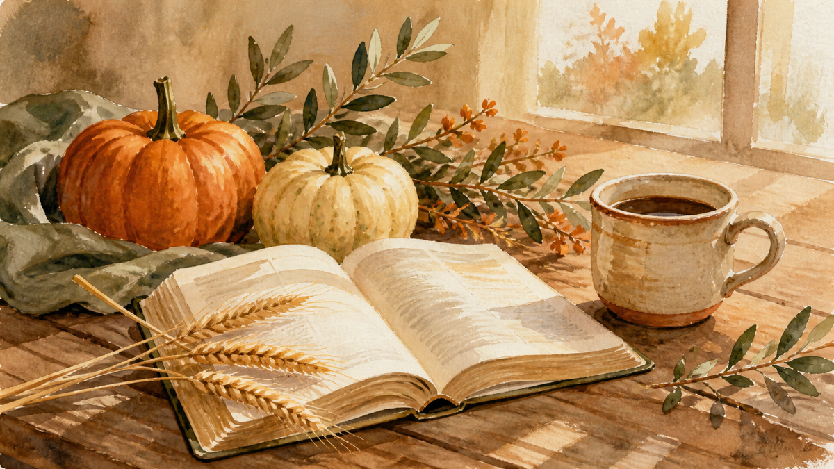 Watercolour still life of an open Bible with wheat stalks, an orange pumpkin, a cream pumpkin, olive foliage and a stoneware mug on a wooden table in autumn light