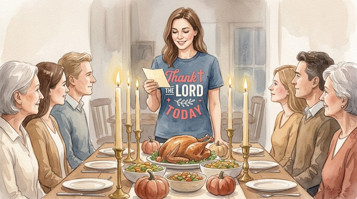 Watercolor of a woman standing at the head of a candlelit Thanksgiving table, reading aloud from a small paper slip and wearing a Thank the Lord Today tee, with six family members seated around a roast turkey and small pumpkins