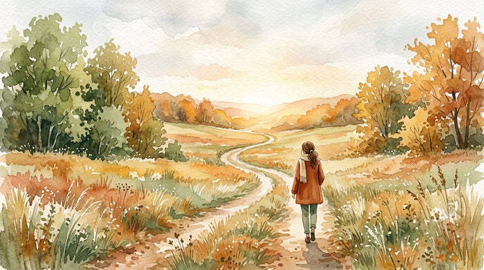 Watercolor illustration of a woman walking a path where the seasons are turning