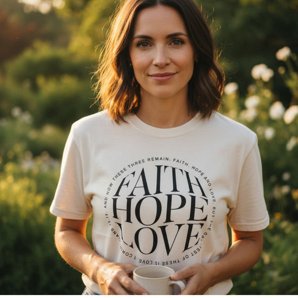 Woman wearing a minimalist Faith Hope Love Christian t-shirt in a calm outdoor setting, representing everyday faith-inspired tees for women.