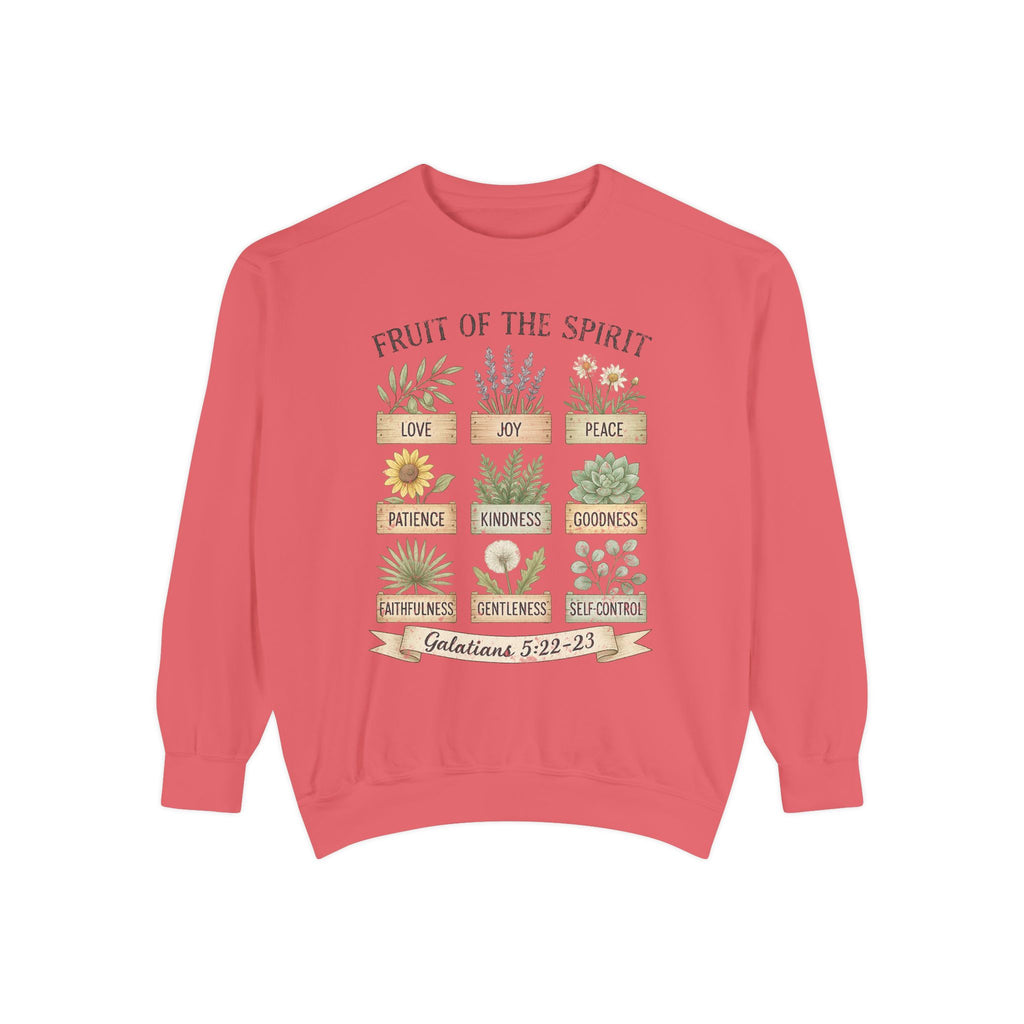 Watermelon Christian sweatshirt with nine painted herb and flower planters labeled with the fruit of the spirit, Galatians 5:22-23