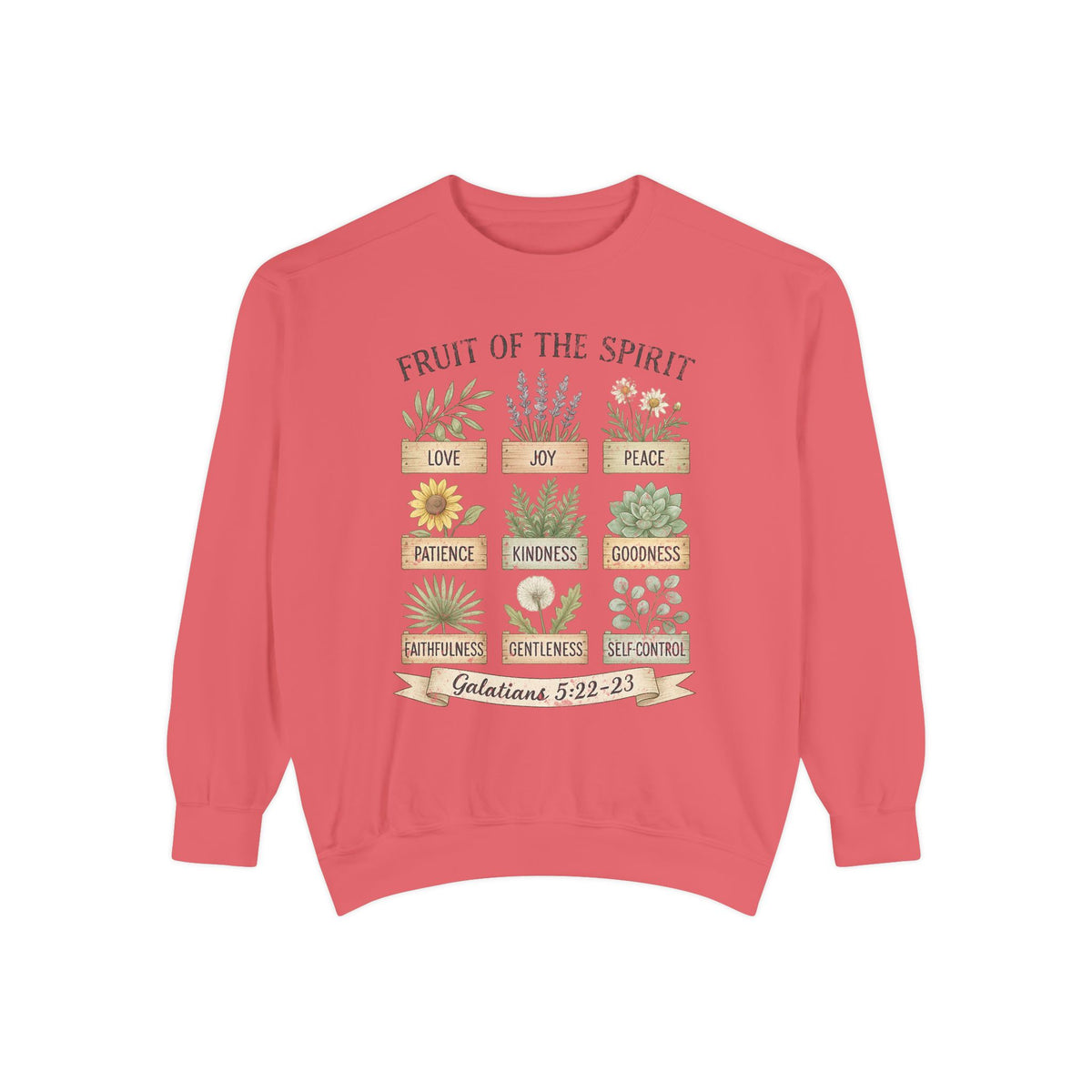 Watermelon Christian sweatshirt with nine painted herb and flower planters labeled with the fruit of the spirit, Galatians 5:22-23