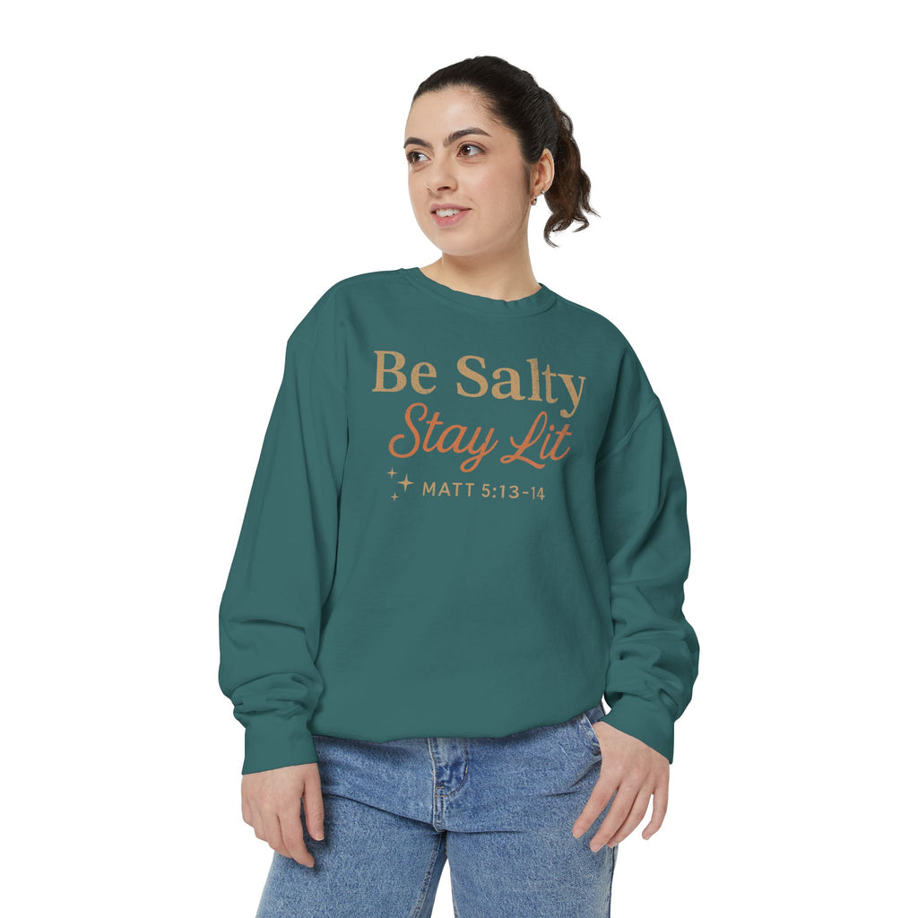 Christian sweatshirt reading Be Salty Stay Lit in serif and script lettering with sparkles, Matthew 5:13-14