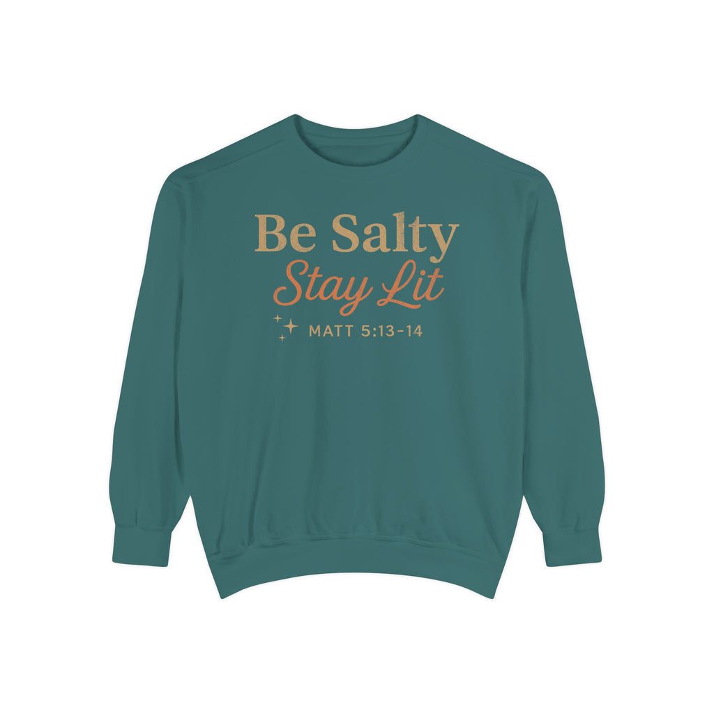 Blue Spruce Christian sweatshirt reading Be Salty Stay Lit in serif and script lettering with sparkles, Matthew 5:13-14