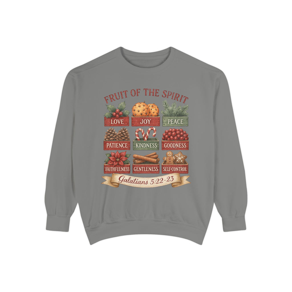 Grey Christmas Christian sweatshirt with nine vintage crates of holly, oranges, pine, pinecones, candy canes, berries, poinsettia, cinnamon and gingerbread labeled with the fruit of the spirit
