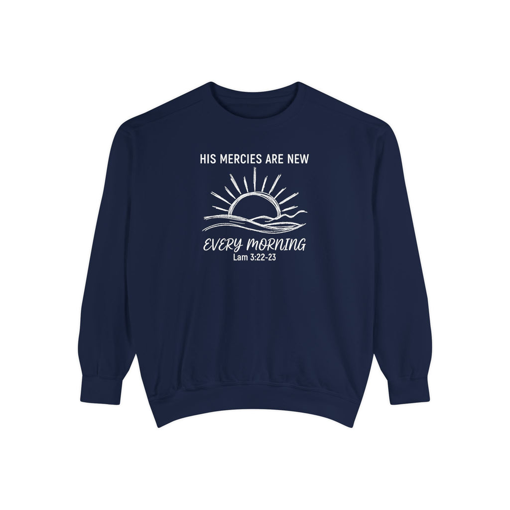 True Navy Christian sweatshirt with minimalist sunrise line art reading His mercies are new every morning, Lamentations 3:22-23