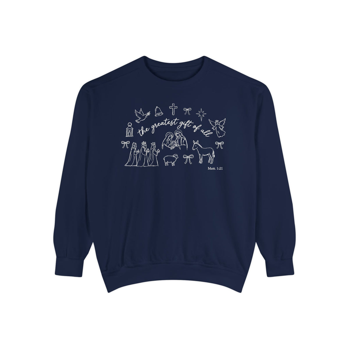 True Navy Christian Christmas sweatshirt with the greatest gift of all script and line art of the holy family, wise men, a donkey, a lamb, an angel, a dove, a cross and Matthew 1:21.