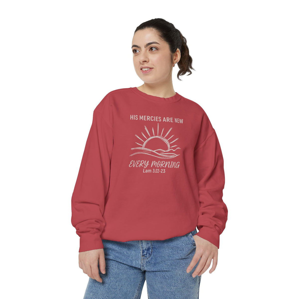 Christian sweatshirt with minimalist sunrise line art reading His mercies are new every morning, Lamentations 3:22-23