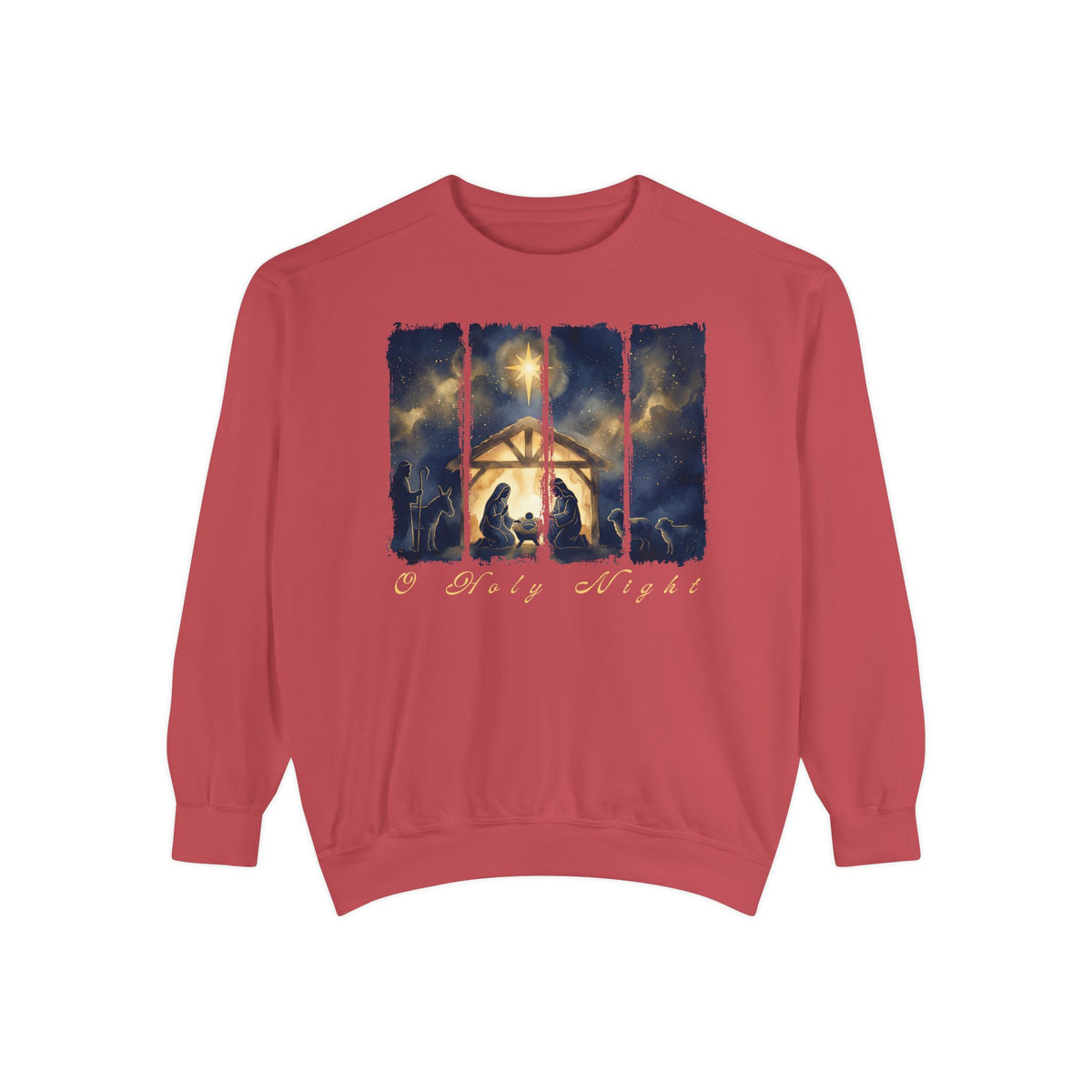 Crimson Christian Christmas sweatshirt with a painted nativity of Mary, Joseph and the manger in a glowing stable under a bright star, with O Holy Night in script.
