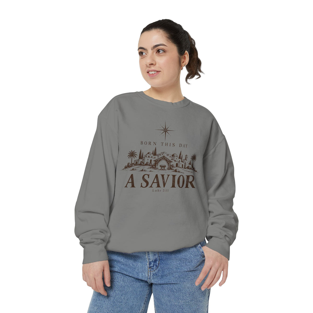 Christian Christmas sweatshirt with Born This Day A Savior lettering, a star over a Bethlehem town scene, a manger and Luke 2:11.