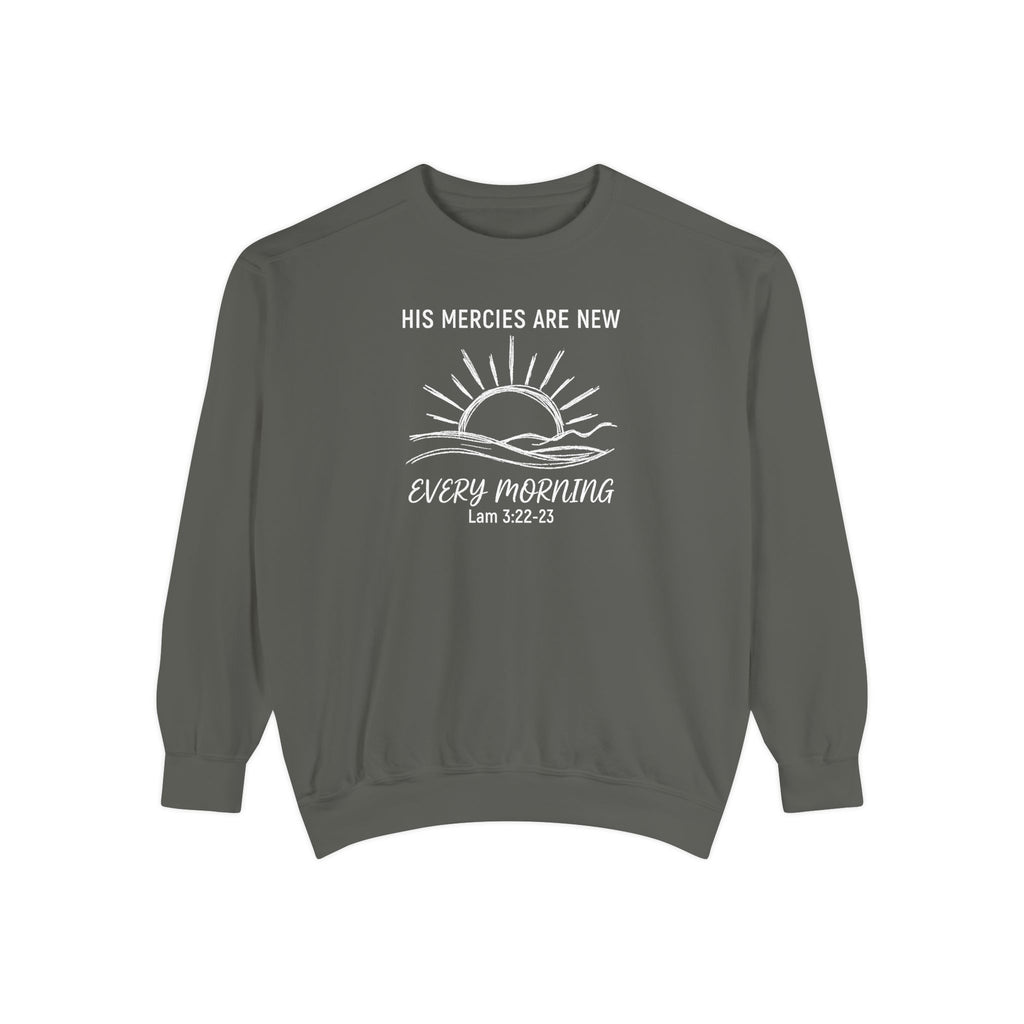 Pepper Christian sweatshirt with minimalist sunrise line art reading His mercies are new every morning, Lamentations 3:22-23