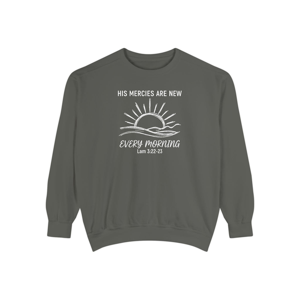 Pepper Christian sweatshirt with minimalist sunrise line art reading His mercies are new every morning, Lamentations 3:22-23