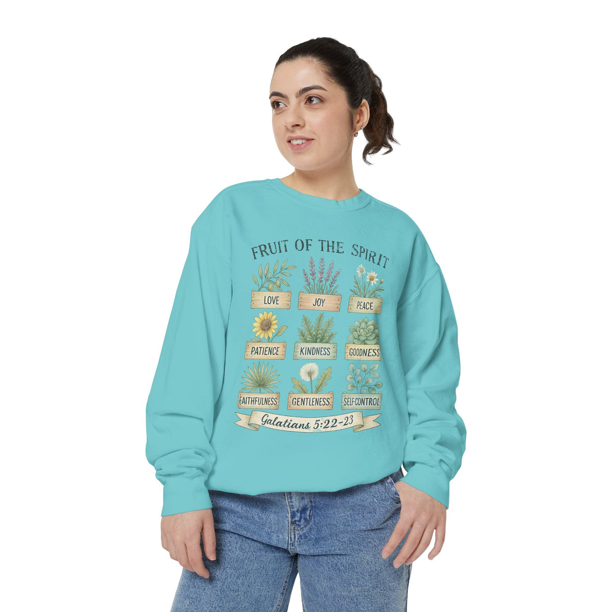 Chalky Mint Christian sweatshirt with nine painted herb and flower planters labeled with the fruit of the spirit, Galatians 5:22-23