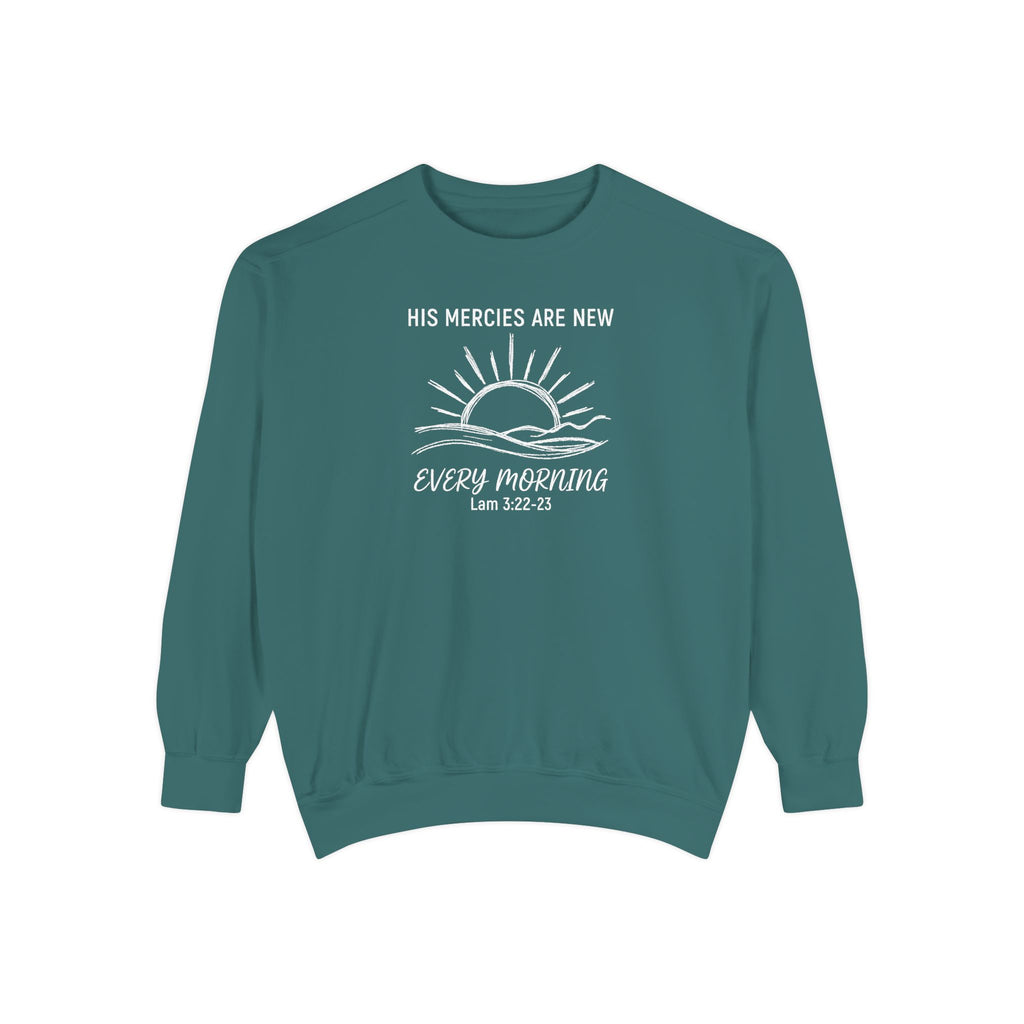 Blue Spruce Christian sweatshirt with minimalist sunrise line art reading His mercies are new every morning, Lamentations 3:22-23