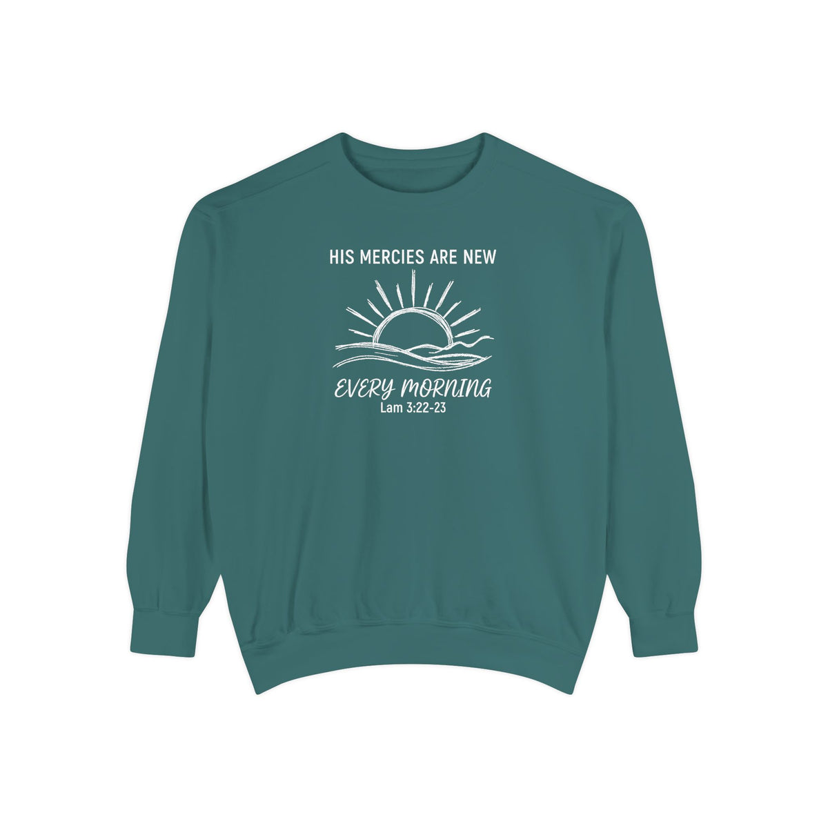 Blue Spruce Christian sweatshirt with minimalist sunrise line art reading His mercies are new every morning, Lamentations 3:22-23