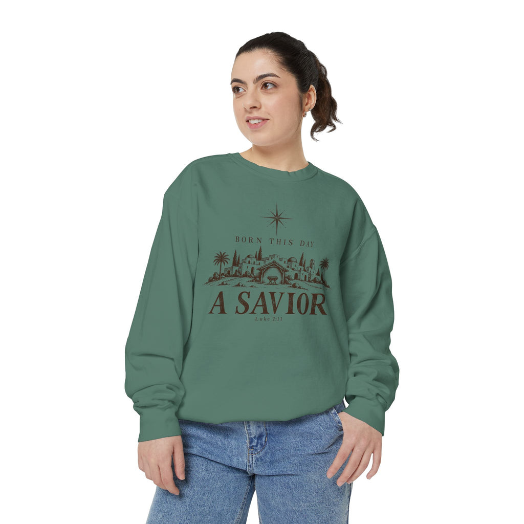 Christian Christmas sweatshirt with Born This Day A Savior lettering, a star over a Bethlehem town scene, a manger and Luke 2:11.
