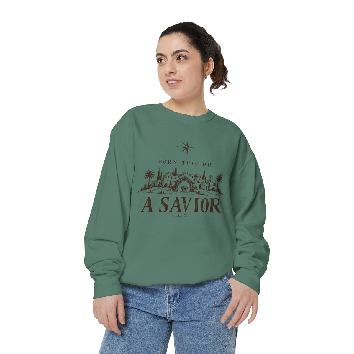 Christian Christmas sweatshirt with Born This Day A Savior lettering, a star over a Bethlehem town scene, a manger and Luke 2:11.