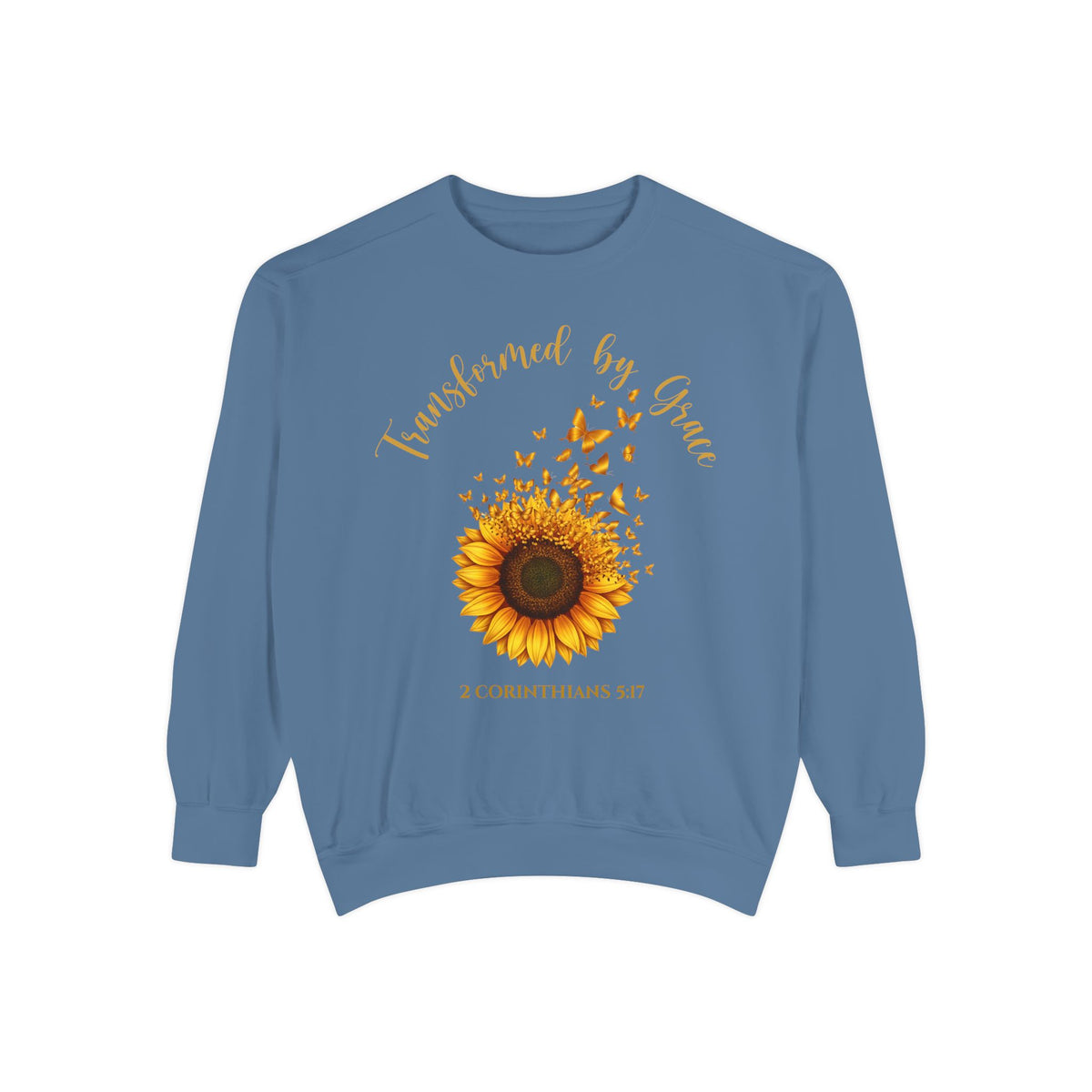 Blue Jean Christian sweatshirt with a painted sunflower whose petals turn into butterflies, reading Transformed by Grace, 2 Corinthians 5:17