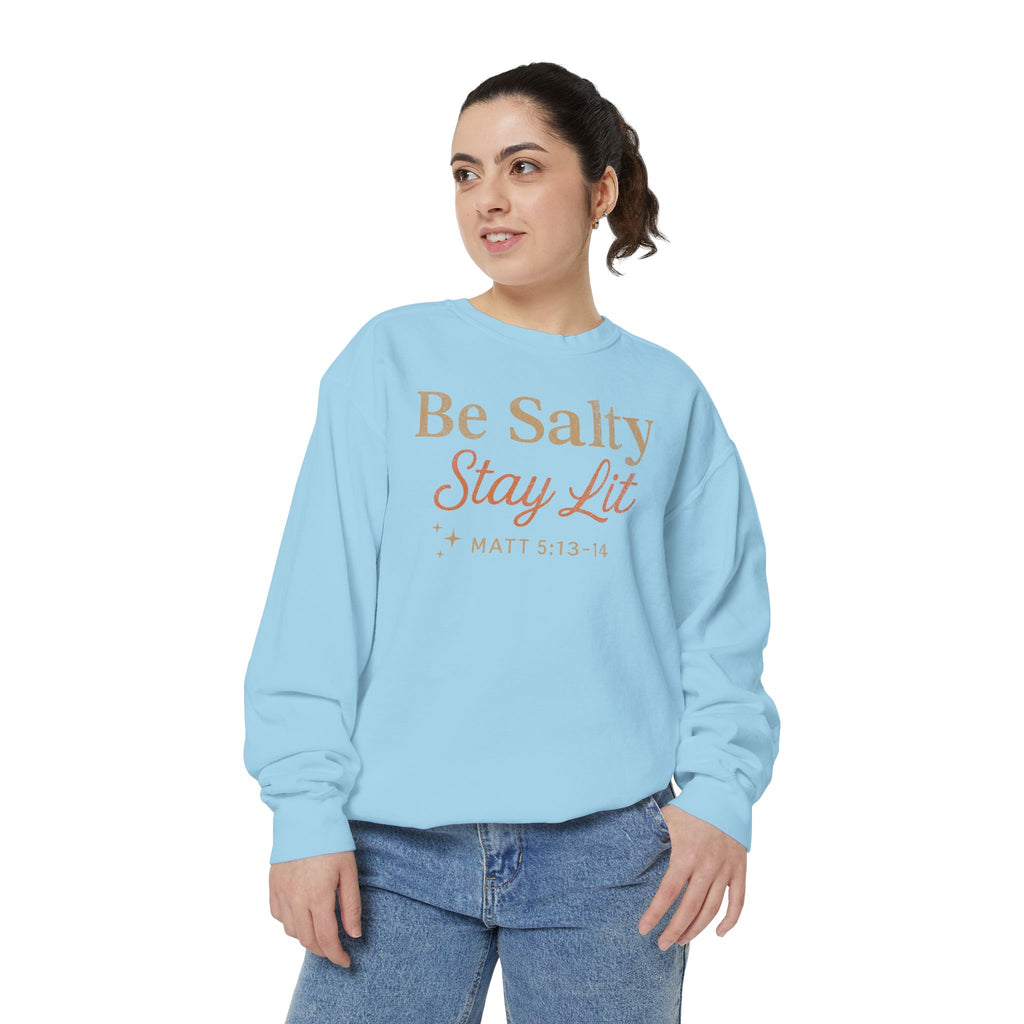 Christian sweatshirt reading Be Salty Stay Lit in serif and script lettering with sparkles, Matthew 5:13-14