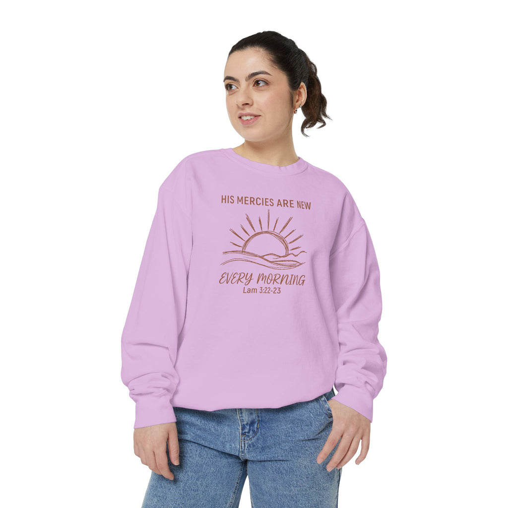 Christian sweatshirt with minimalist sunrise line art reading His mercies are new every morning, Lamentations 3:22-23