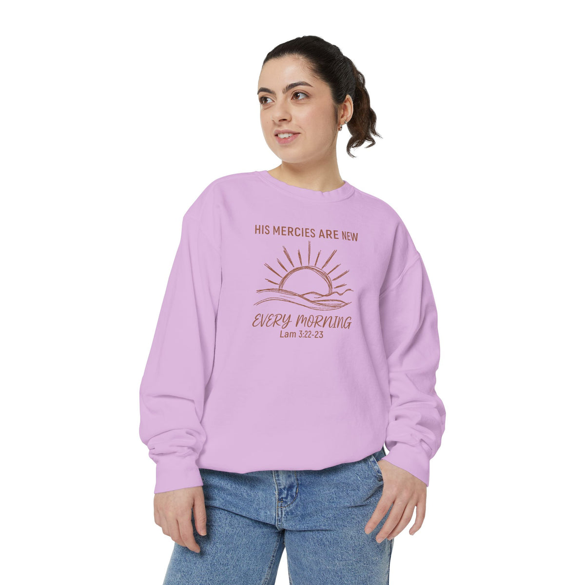 Christian sweatshirt with minimalist sunrise line art reading His mercies are new every morning, Lamentations 3:22-23