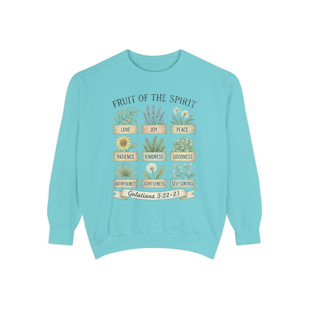 Christian sweatshirt with nine painted herb and flower planters labeled with the fruit of the spirit, Galatians 5:22-23