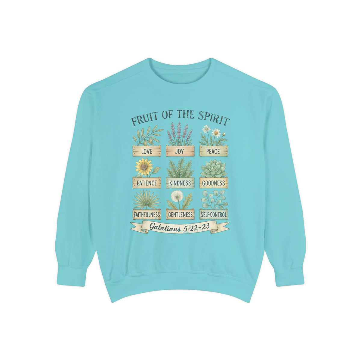 Christian sweatshirt with nine painted herb and flower planters labeled with the fruit of the spirit, Galatians 5:22-23