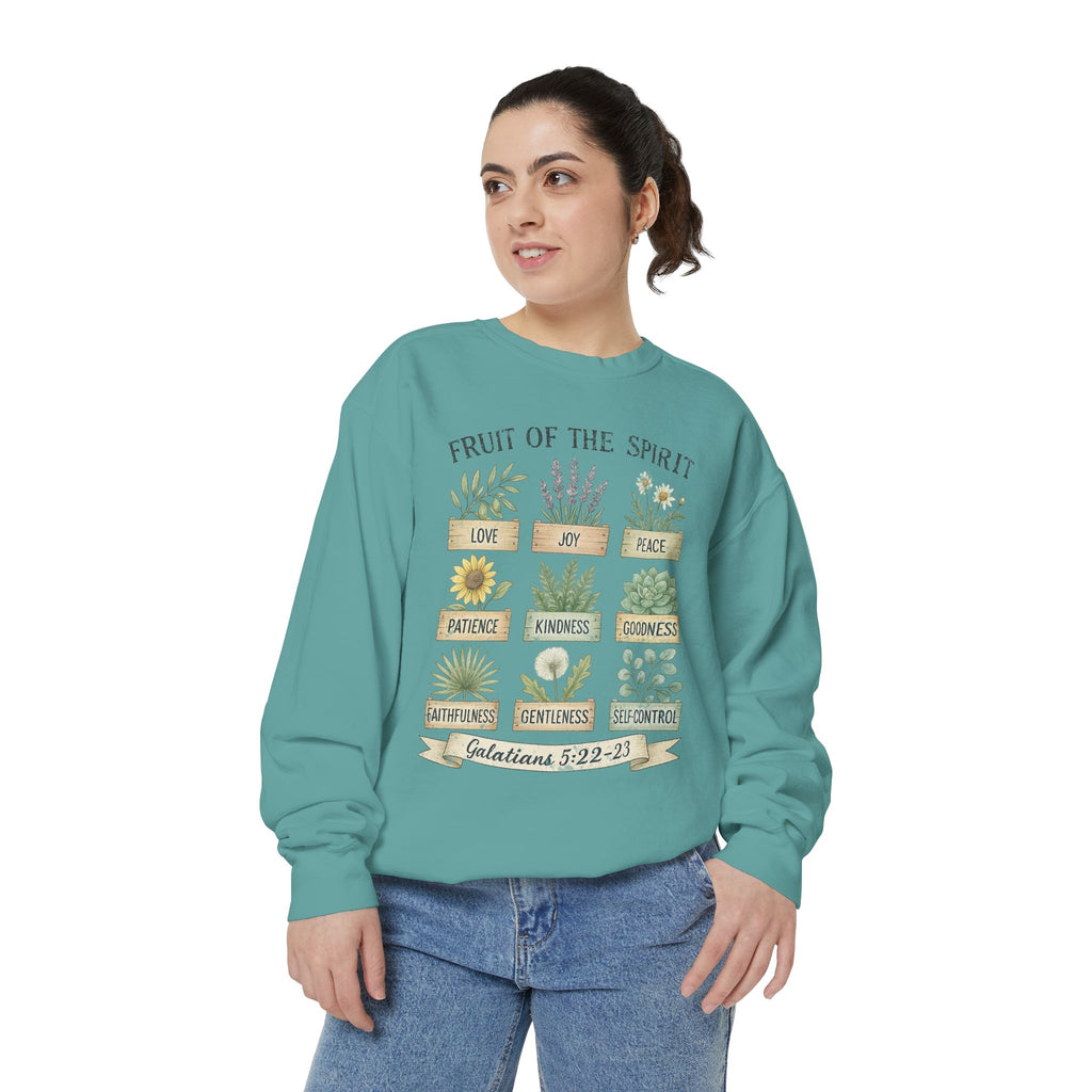 Christian sweatshirt with nine painted herb and flower planters labeled with the fruit of the spirit, Galatians 5:22-23