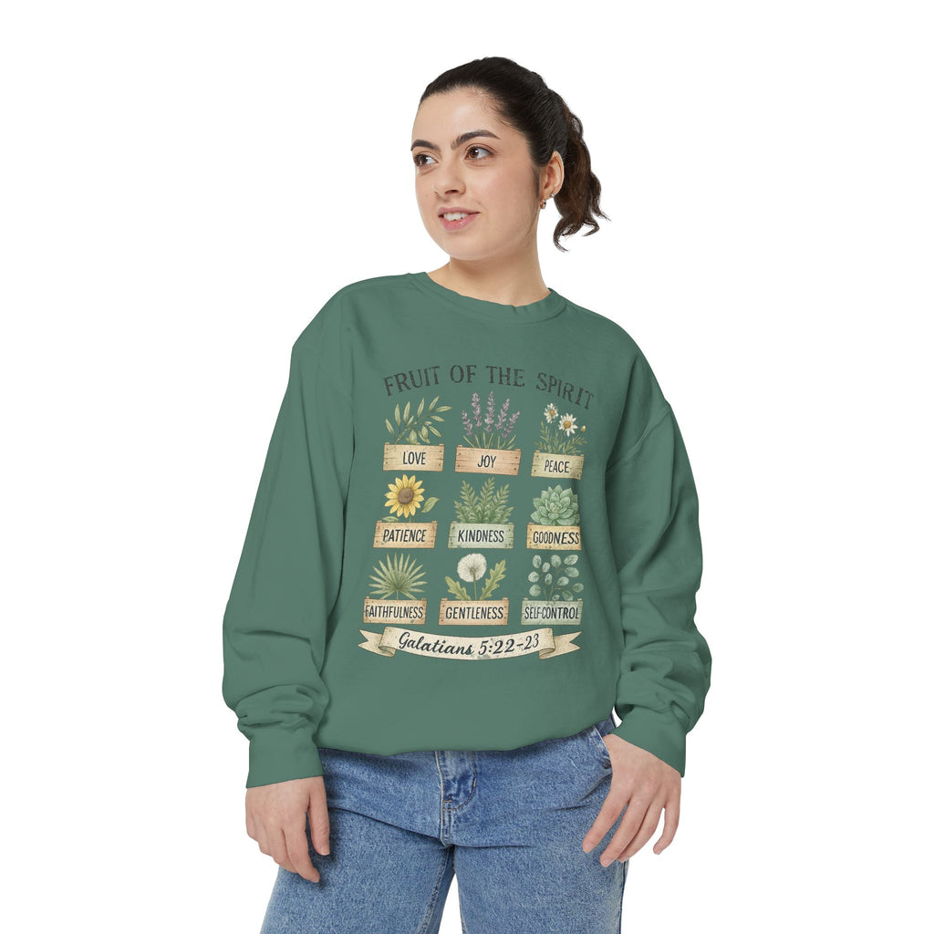 Christian sweatshirt with nine painted herb and flower planters labeled with the fruit of the spirit, Galatians 5:22-23