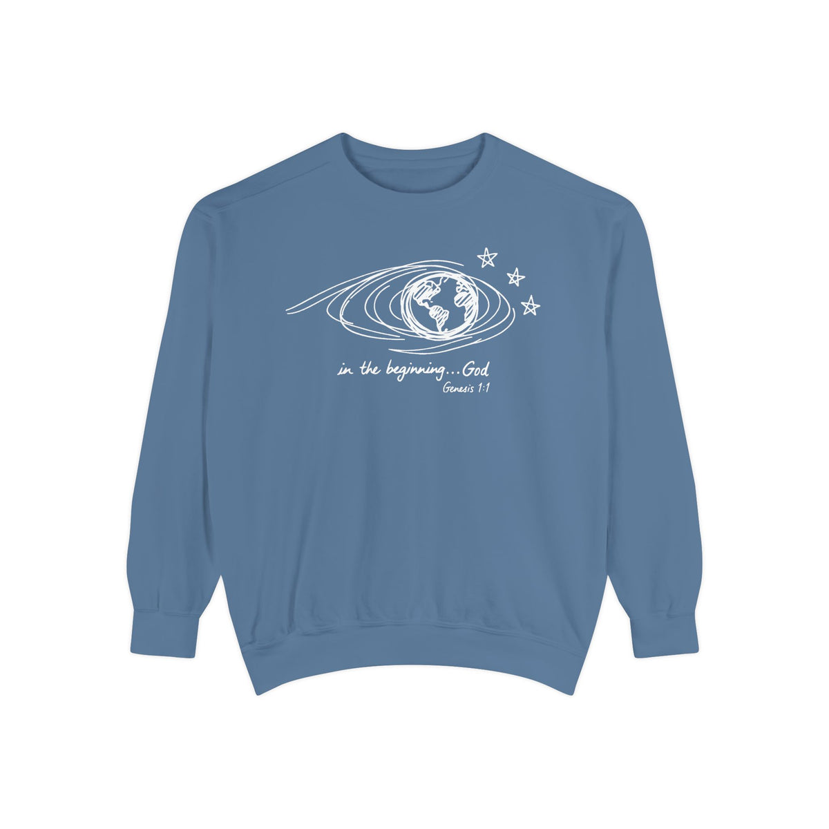 Blue Jean Christian sweatshirt with hand-sketched Earth, looping orbit lines and three stars, reading in the beginning God, Genesis 1:1
