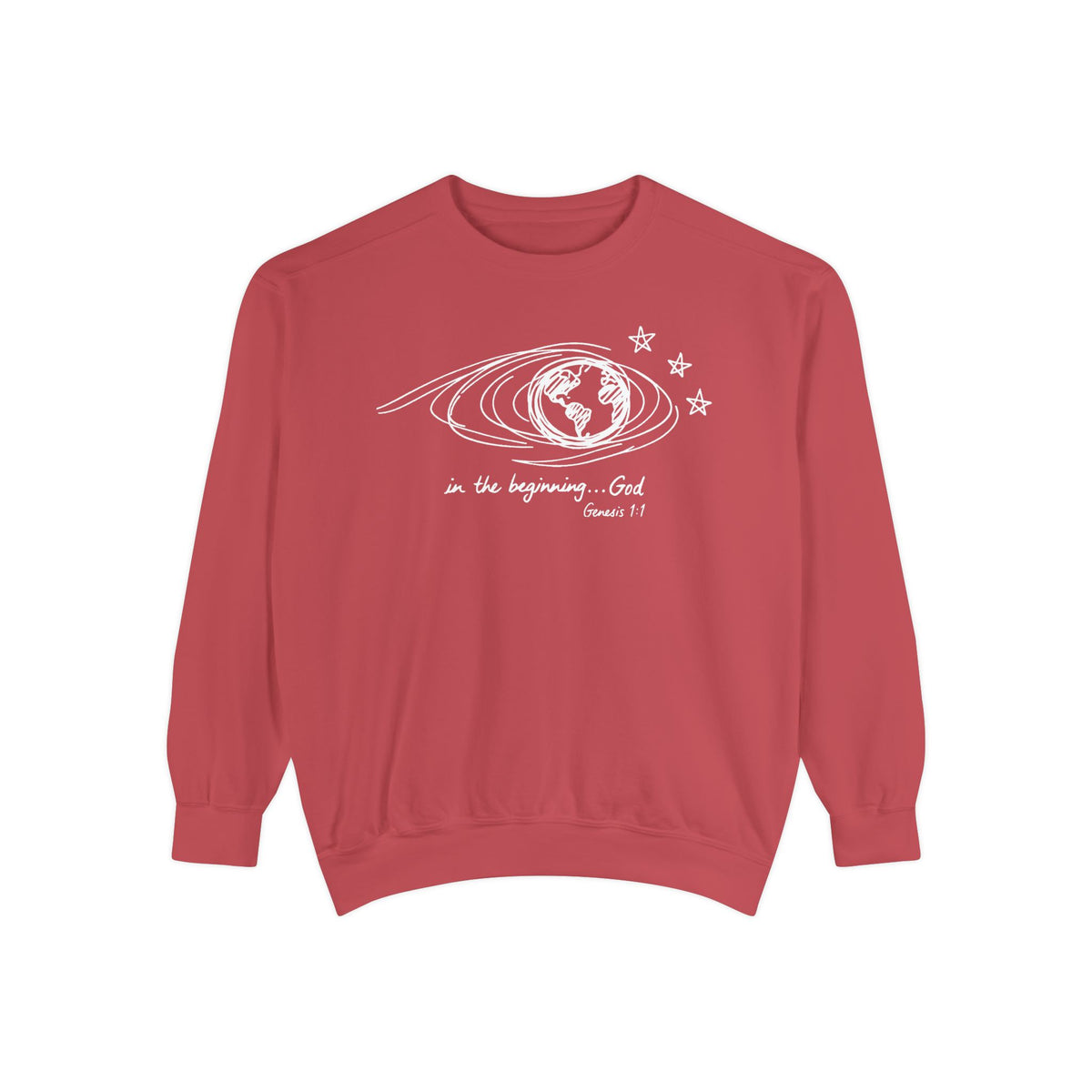 Crimson Christian sweatshirt with hand-sketched Earth, looping orbit lines and three stars, reading in the beginning God, Genesis 1:1