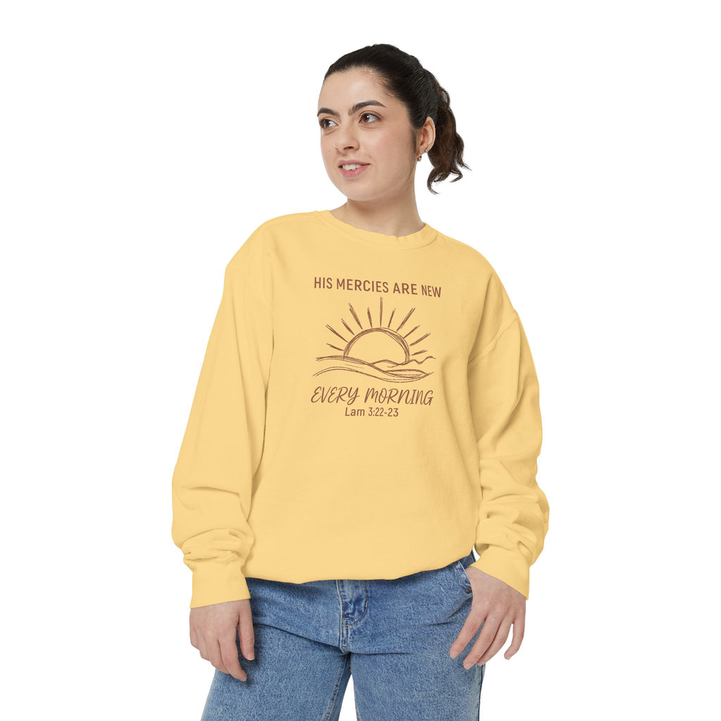Christian sweatshirt with minimalist sunrise line art reading His mercies are new every morning, Lamentations 3:22-23