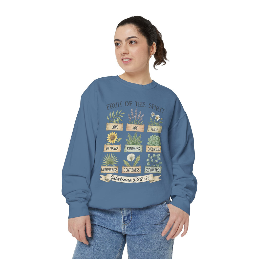 Christian sweatshirt with nine painted herb and flower planters labeled with the fruit of the spirit, Galatians 5:22-23