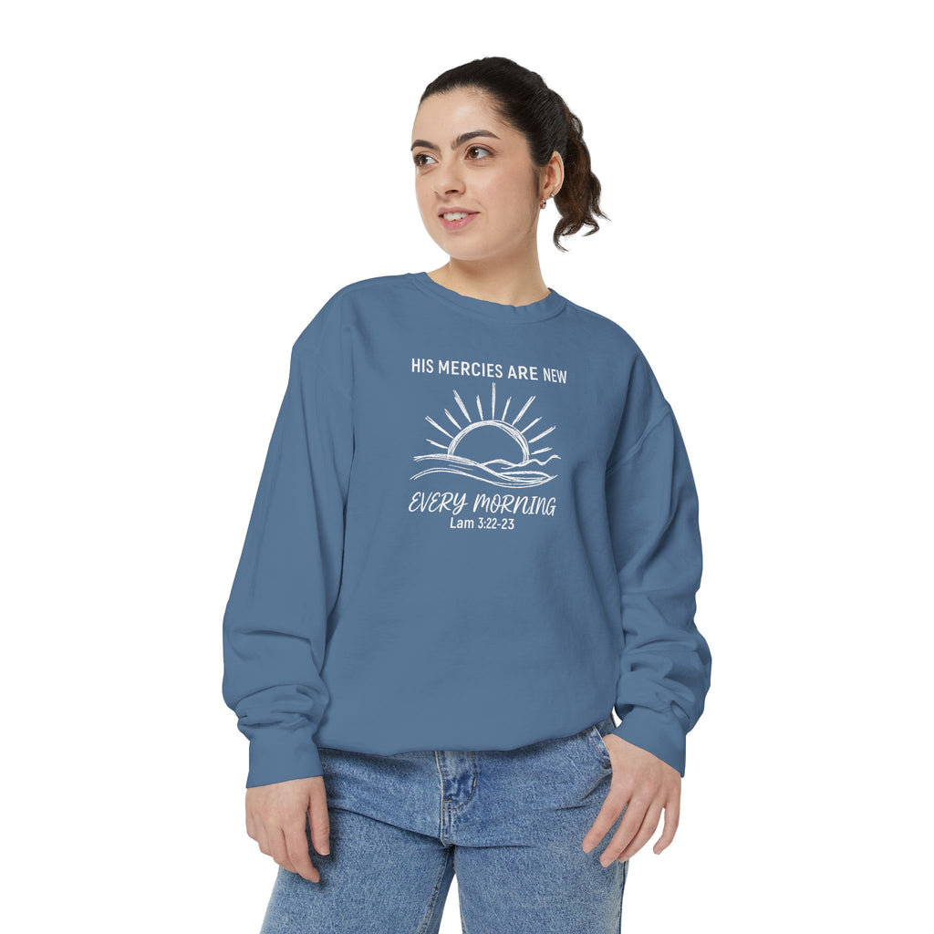 Christian sweatshirt with minimalist sunrise line art reading His mercies are new every morning, Lamentations 3:22-23
